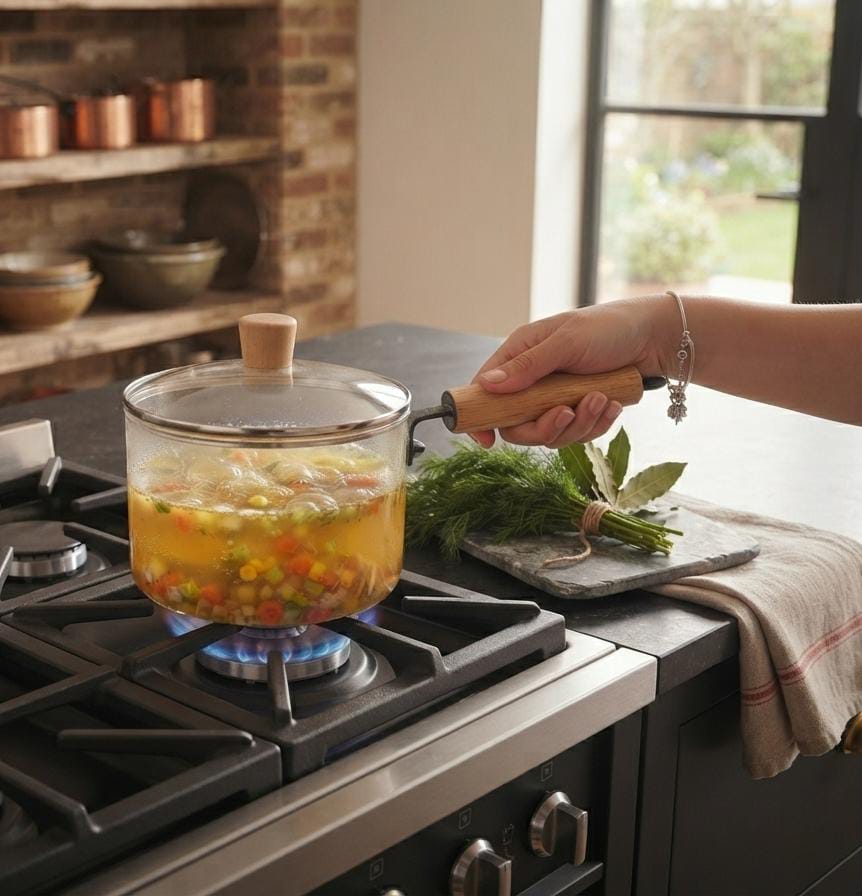 Premium Glass Saucepan with Wooden Handle & Lid