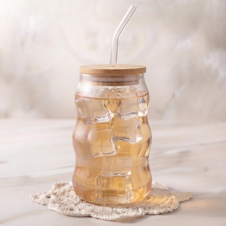 Premium Glass Mason Jar with Bamboo Lid & Glass Straw