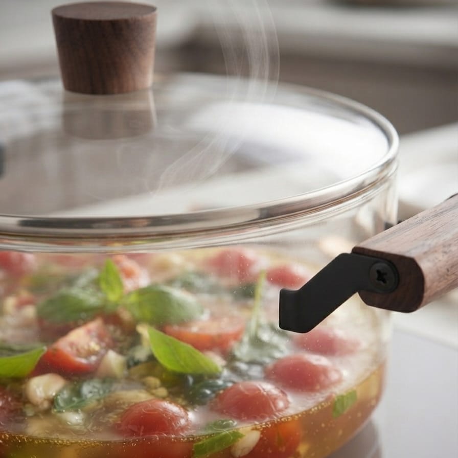 Transparent Borosilicate Glass Cooking Pot with Wooden Handles