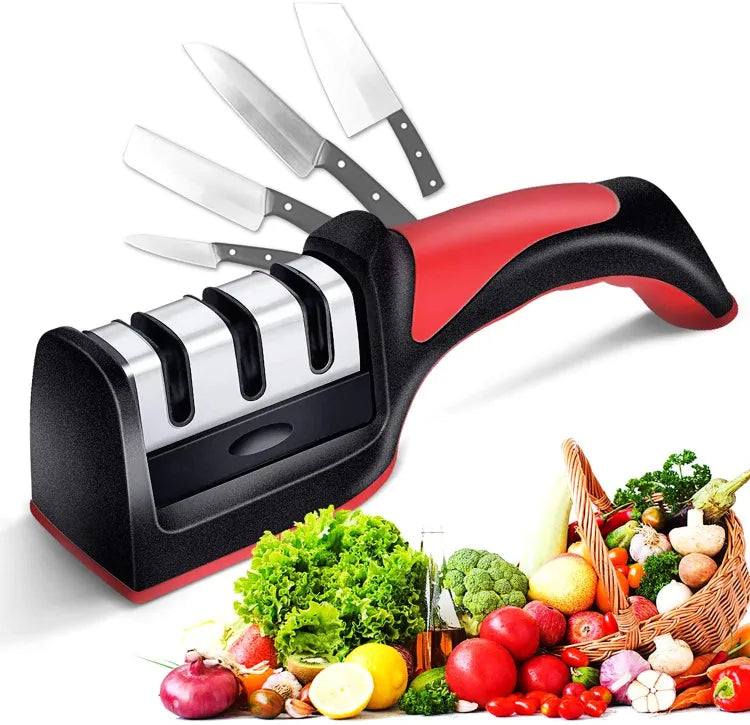 KITCHEN KNIFE SHARPENER 3 STAGE STEEL CERAMIC COATED KITCHEN SHARPENING TOOL HELPS REPAIR AND POLISH BLADES