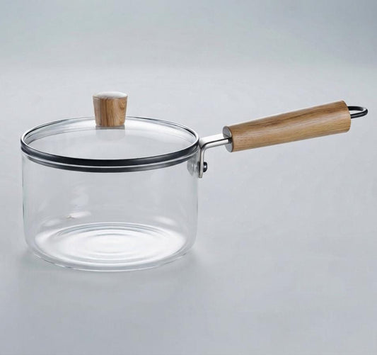 Premium Glass Saucepan with Wooden Handle & Lid