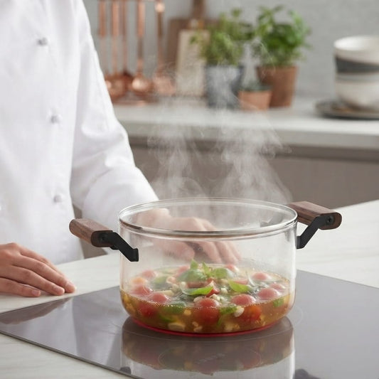 Transparent Borosilicate Glass Cooking Pot with Wooden Handles