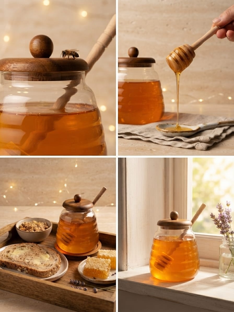 Premium Glass Honey Jar with Wooden Lid & Honey Dipper