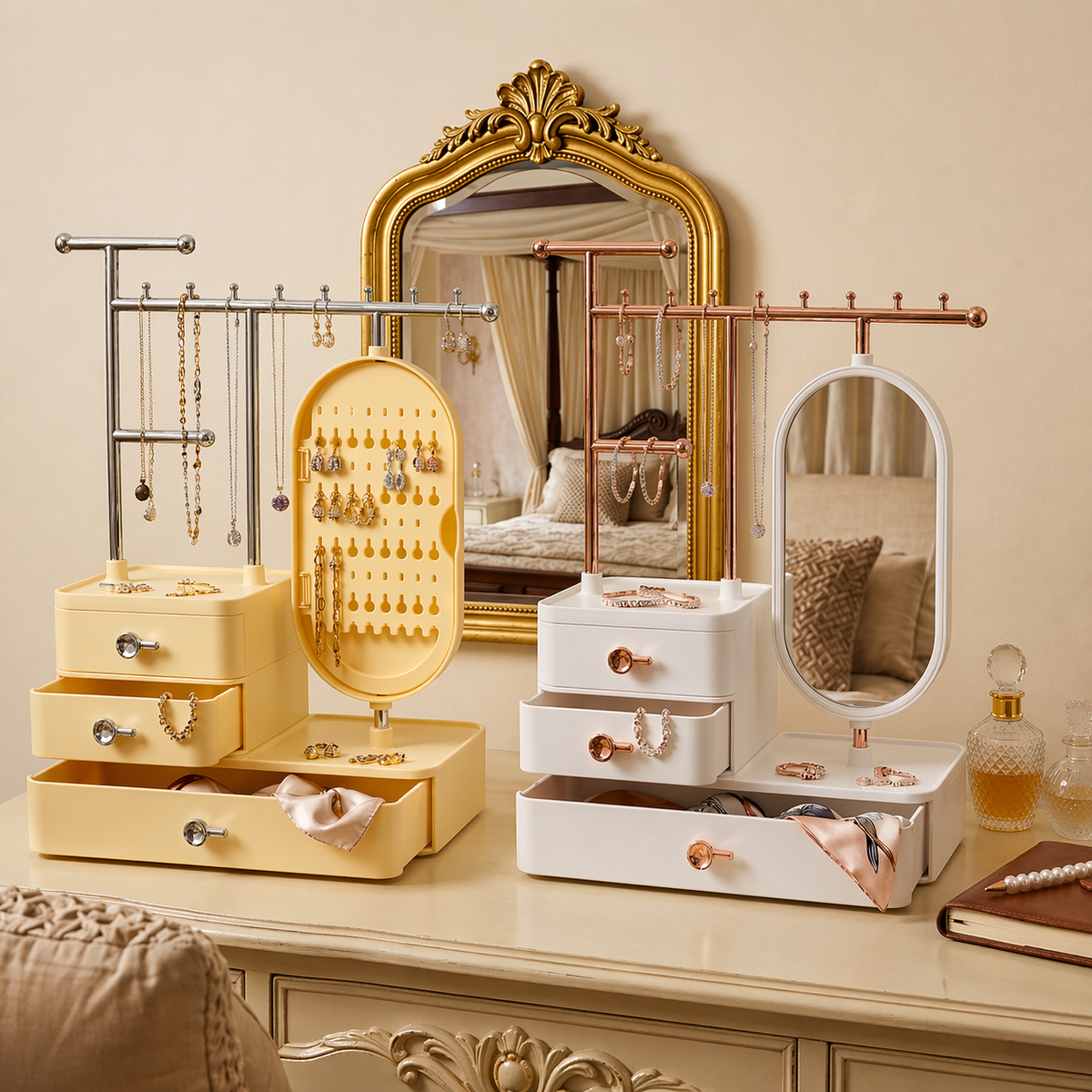 Tiered Tower Jewelry Holder with 360 Rotating Mirror & 3 Layer Drawer (Size 25x15x37 cm) Beige and White