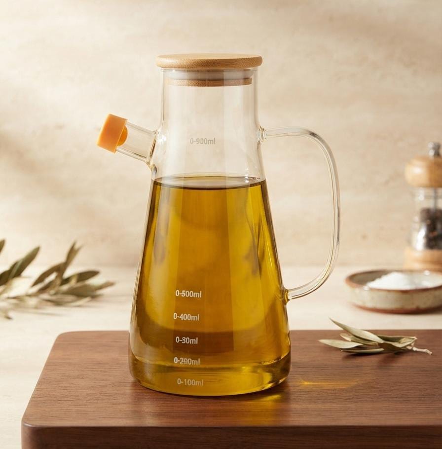 Premium Glass Oil Dispenser Bottle with Wooden Lid - 1000ML