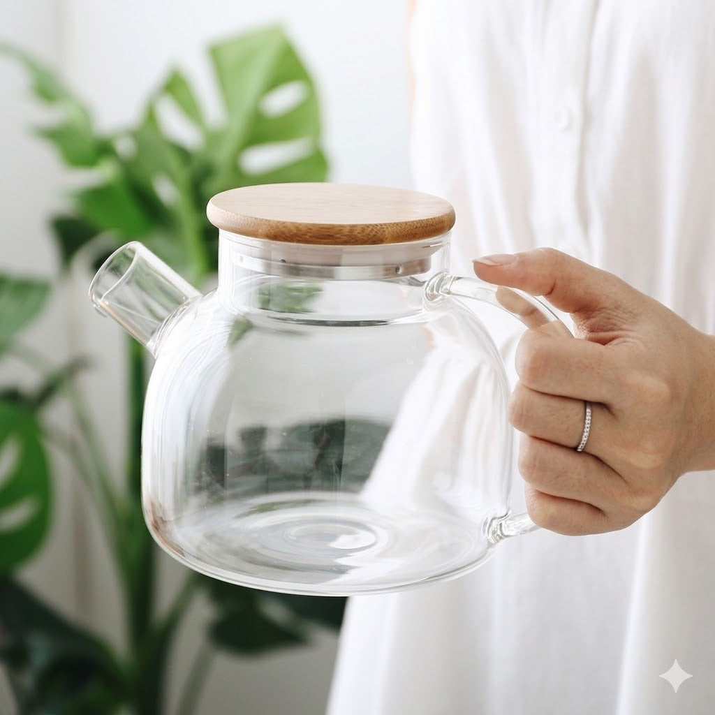 Transparent Glass Teapot With Wooden Lid