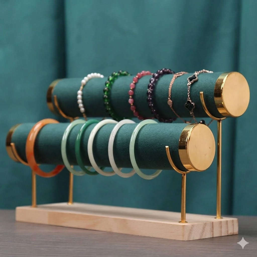 Bracelet Organizer Stand, Gold Detachable Bangle Storage Rack, Velvet Wrap Watch Holder with Wooden Base