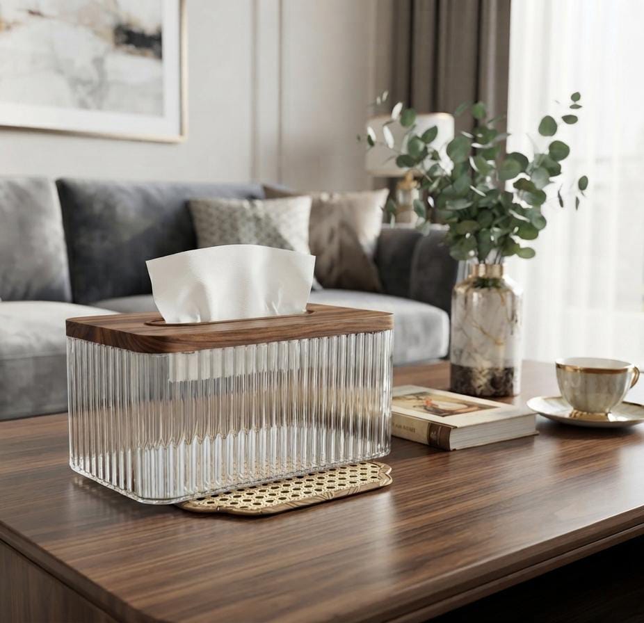 Luxury Fluted Glass Tissue Box with Wooden Lid