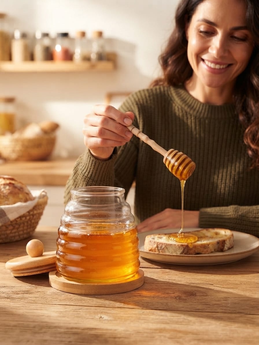 Premium Glass Honey Jar with Wooden Lid & Honey Dipper