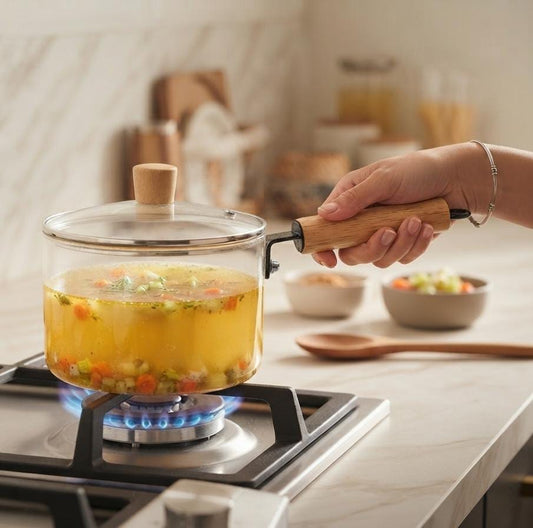 Premium Glass Saucepan with Wooden Handle & Lid
