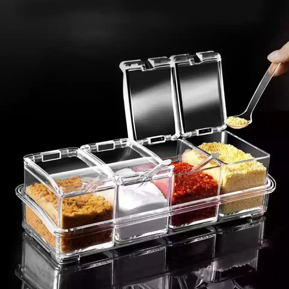 4pcs Crystal Seasoning Storage Container with Spoon and Clear Seasoning Rack