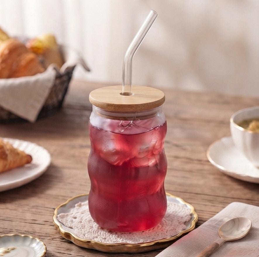 Premium Glass Mason Jar with Bamboo Lid & Glass Straw