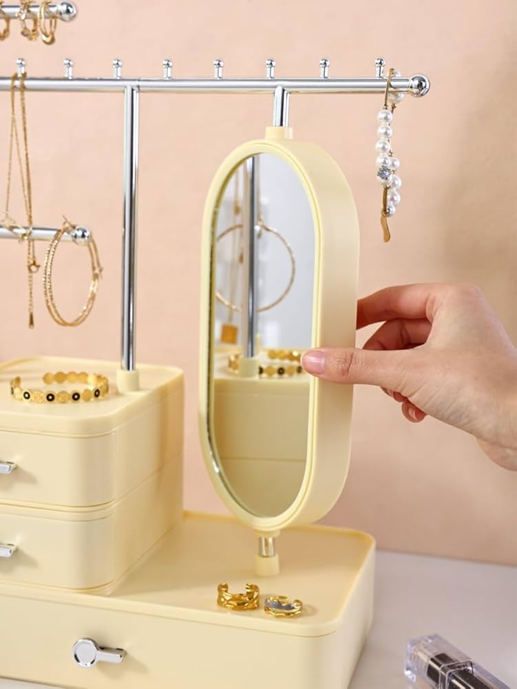 Tiered Tower Jewelry Holder with 360 Rotating Mirror & 3 Layer Drawer (Size 25x15x37 cm) Beige and White