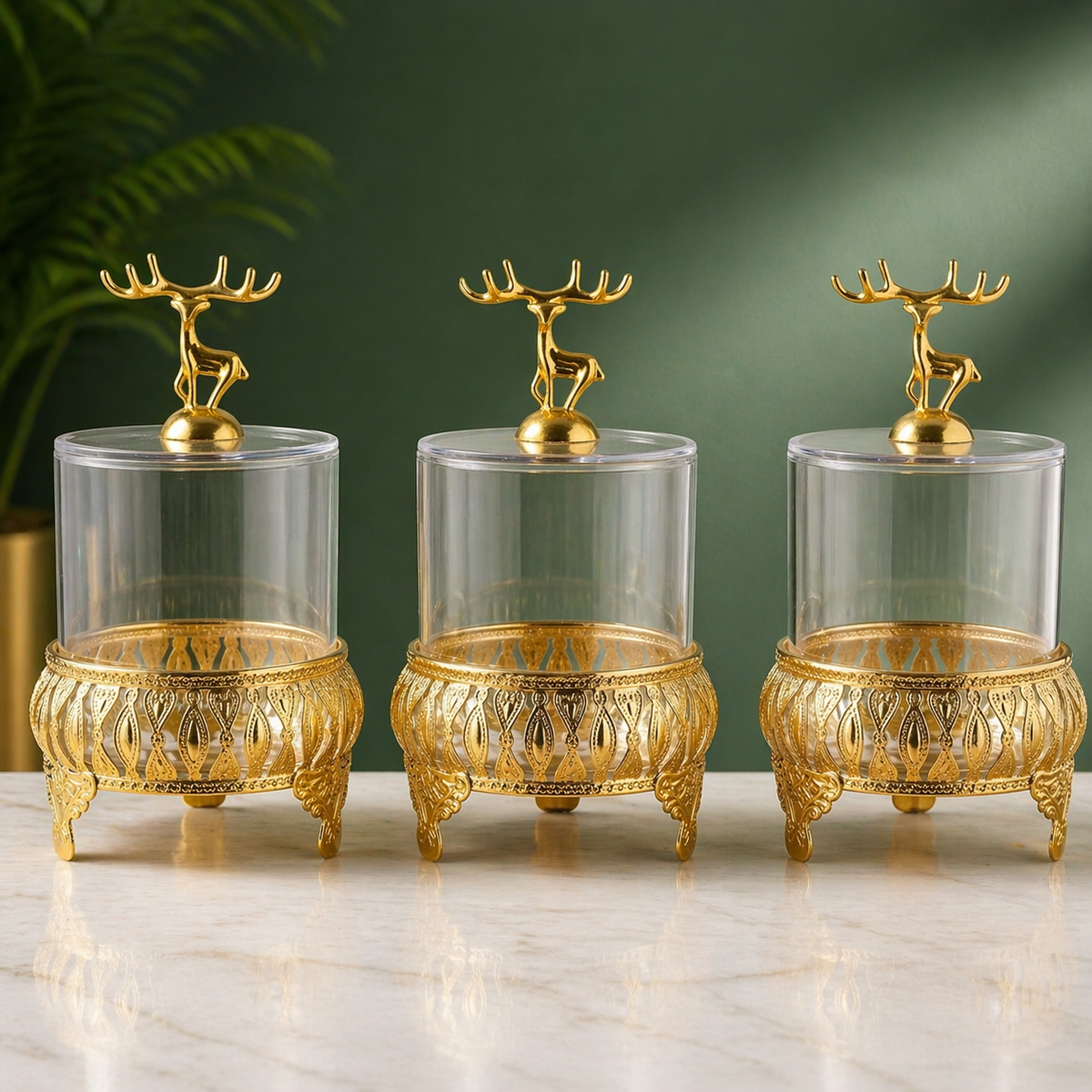 Luxury Crystal Storage Jar Set with Decorative Deer Lid – 3 Pcs Elegant Organizer
