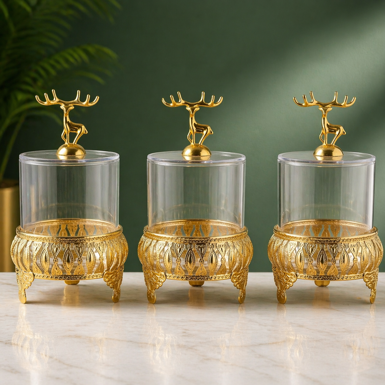 Luxury Crystal Storage Jar Set with Decorative Deer Lid – 3 Pcs Elegant Organizer