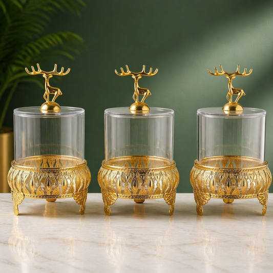 Luxury Crystal Storage Jar Set with Decorative Deer Lid – 3 Pcs Elegant Organizer