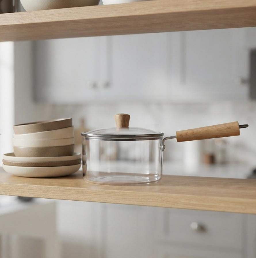 Premium Glass Saucepan with Wooden Handle & Lid