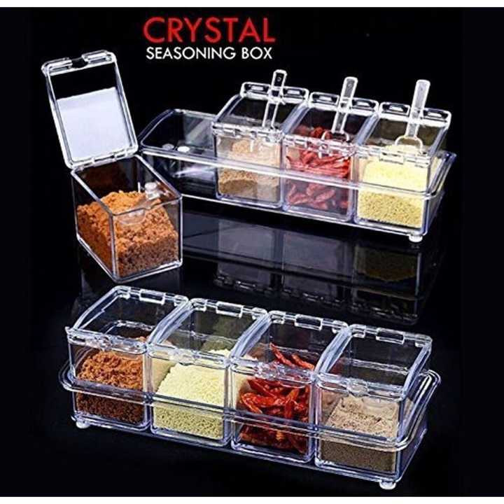4pcs Crystal Seasoning Storage Container with Spoon and Clear Seasoning Rack