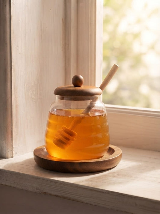 Premium Glass Honey Jar with Wooden Lid & Honey Dipper