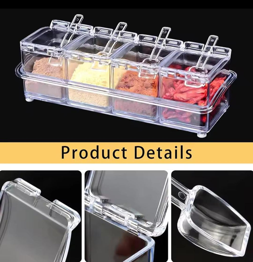 4pcs Crystal Seasoning Storage Container with Spoon and Clear Seasoning Rack