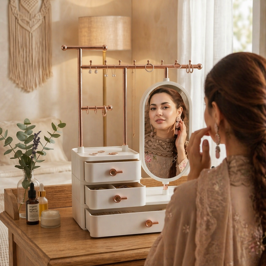 Tiered Tower Jewelry Holder with 360 Rotating Mirror & 3 Layer Drawer (Size 25x15x37 cm) Beige and White
