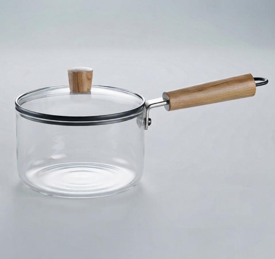 Premium Glass Saucepan with Wooden Handle & Lid