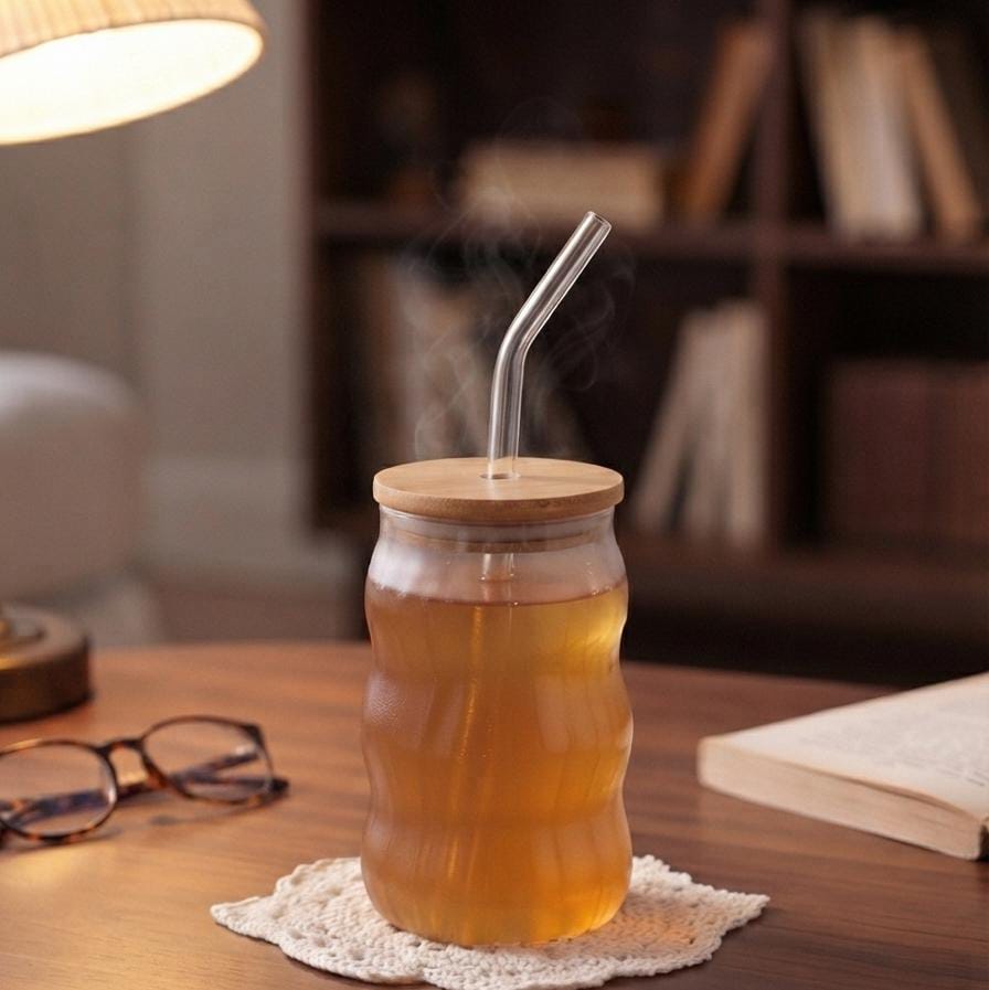 Premium Glass Mason Jar with Bamboo Lid & Glass Straw