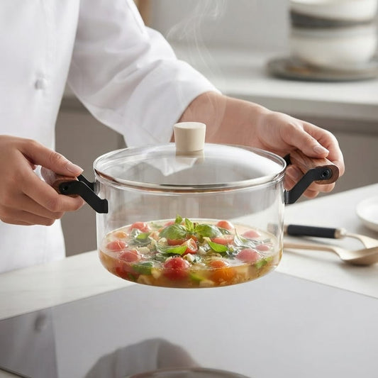 Transparent Borosilicate Glass Cooking Pot with Wooden Handles