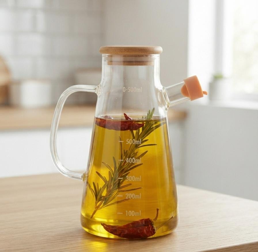 Premium Glass Oil Dispenser Bottle with Wooden Lid - 1000ML