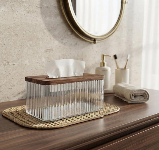 Luxury Fluted Glass Tissue Box with Wooden Lid