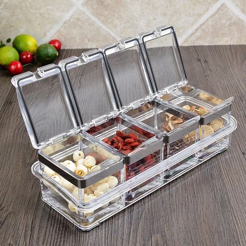 4pcs Crystal Seasoning Storage Container with Spoon and Clear Seasoning Rack