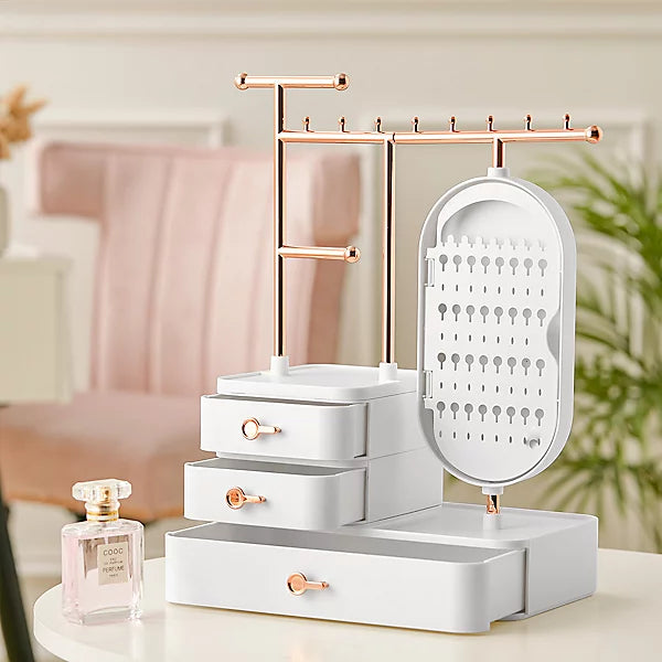 Tiered Tower Jewelry Holder with 360 Rotating Mirror & 3 Layer Drawer (Size 25x15x37 cm) Beige and White